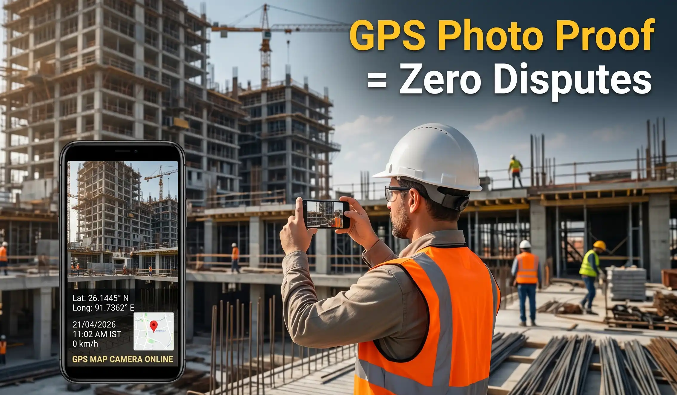 Construction engineer using a GPS Map Camera for daily progress reports on a high-rise project.