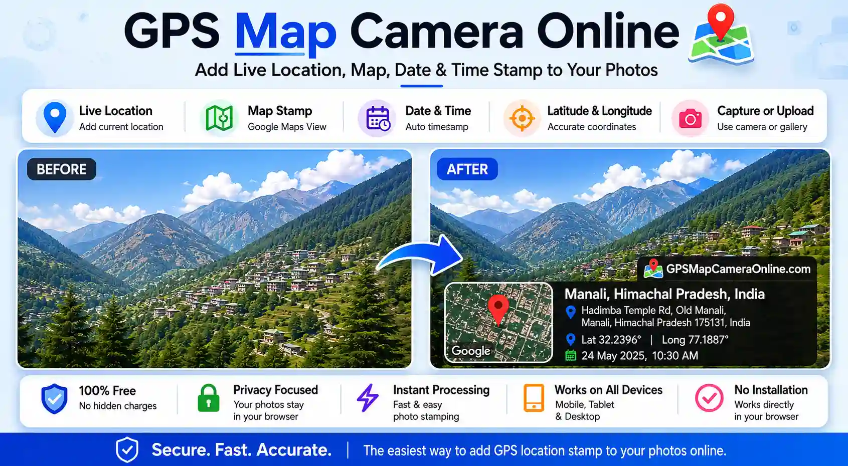 GPS Map Camera Online before and after preview showing live location, map stamp, date, time, and GPS coordinates added to photo