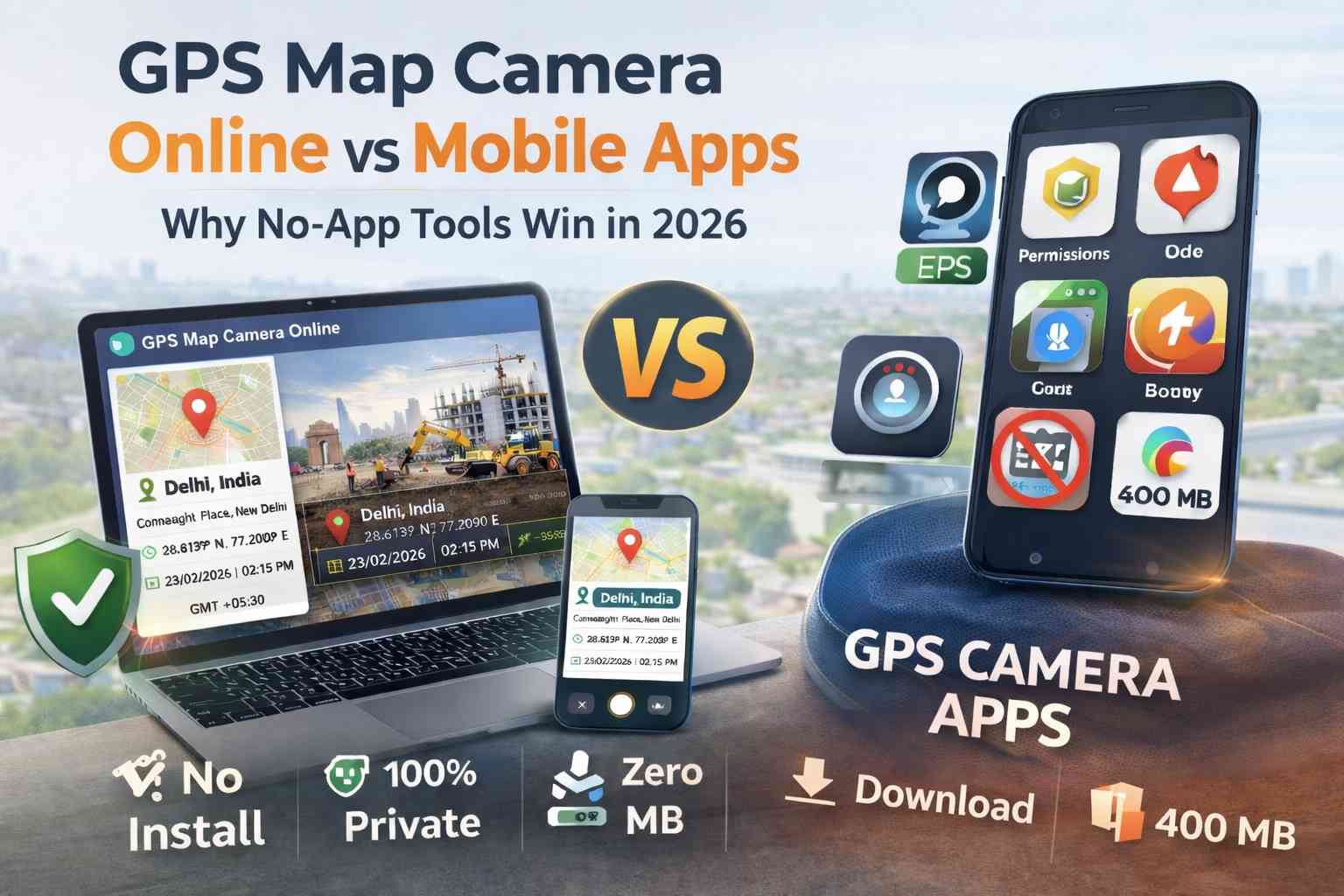 GPS Map Camera Online vs mobile GPS camera apps showing no-app workflow and privacy benefits