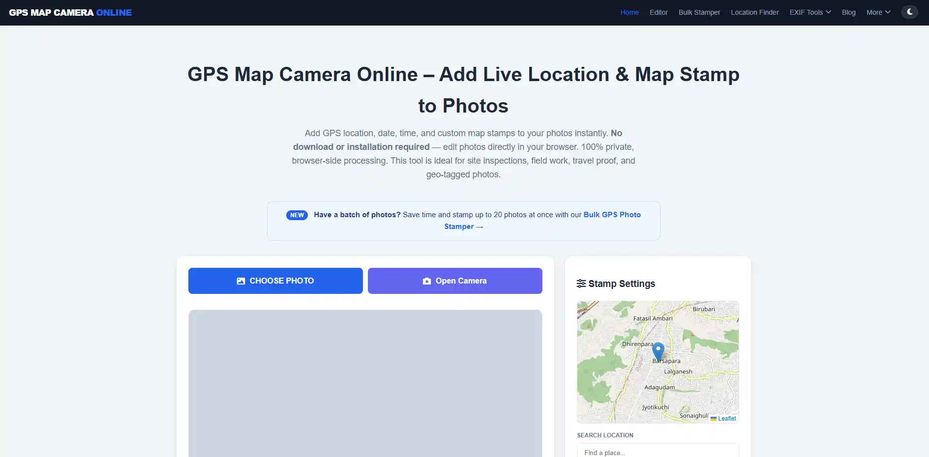 Screenshot of the GPS Map Camera Online homepage showing the 'Upload Photo' and 'Open Camera' buttons for importing images.