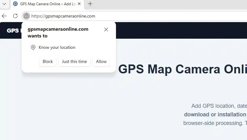 Browser prompt requesting location access, alongside the editor interface displaying fetched GPS coordinates, street address, and custom project note fields.